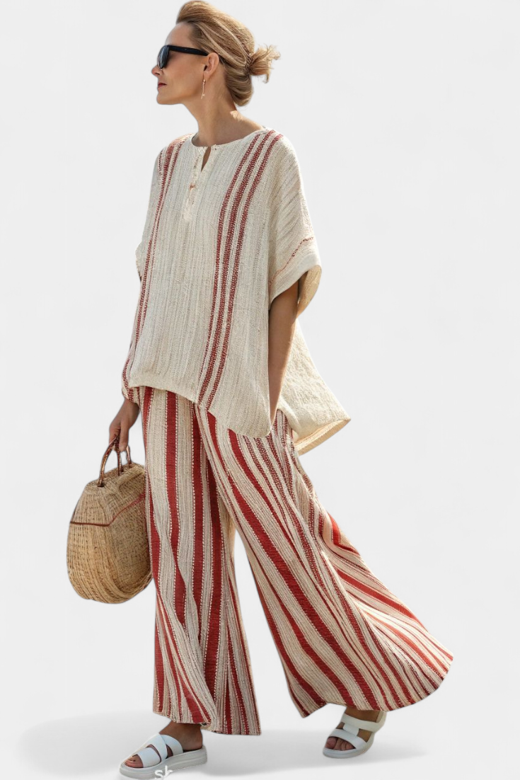 Striped Short Sleeve Top and Wide Leg Pants Two Piece Set