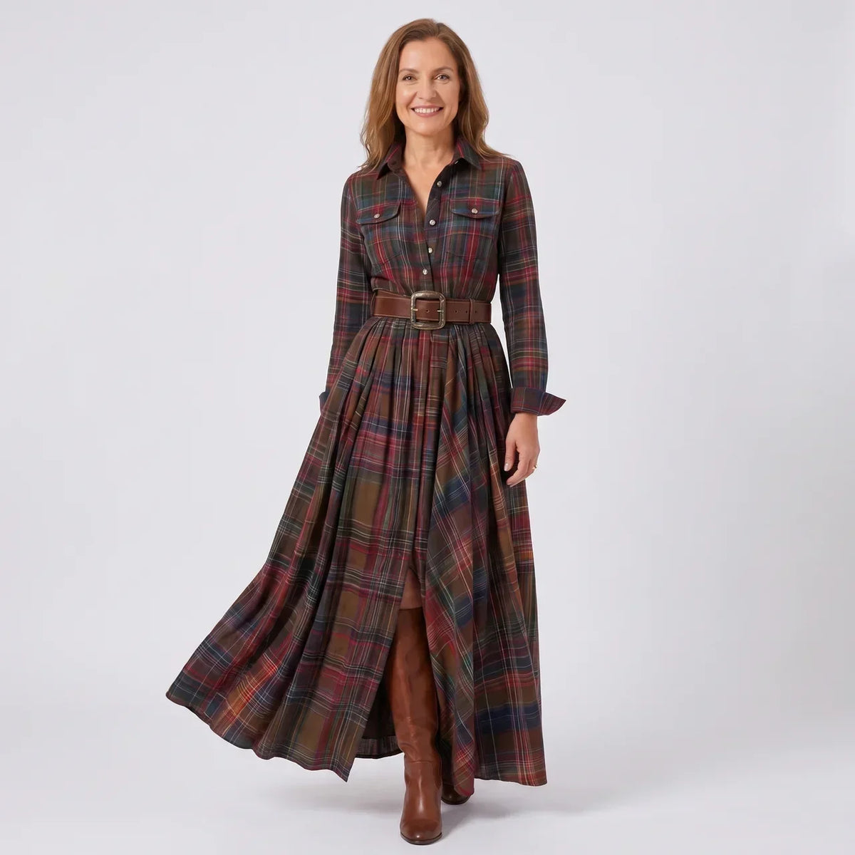 Plaid Belted Long Sleeve High Low Maxi Shirt Dress