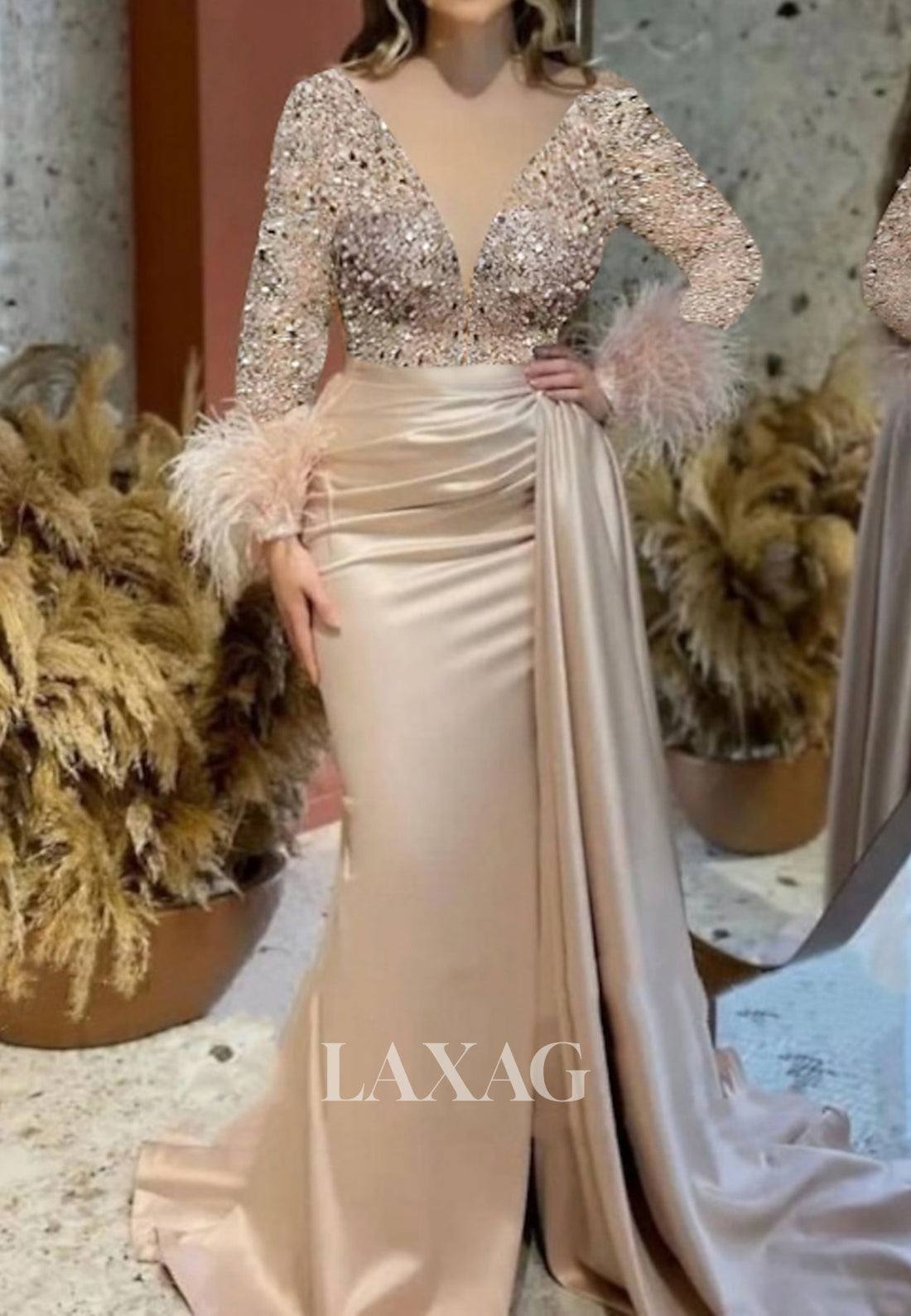 Deep V-Neck Long Sleeves Sequined Beaded Fringed Pleated Mermaid Prom Dress with Sweep Train