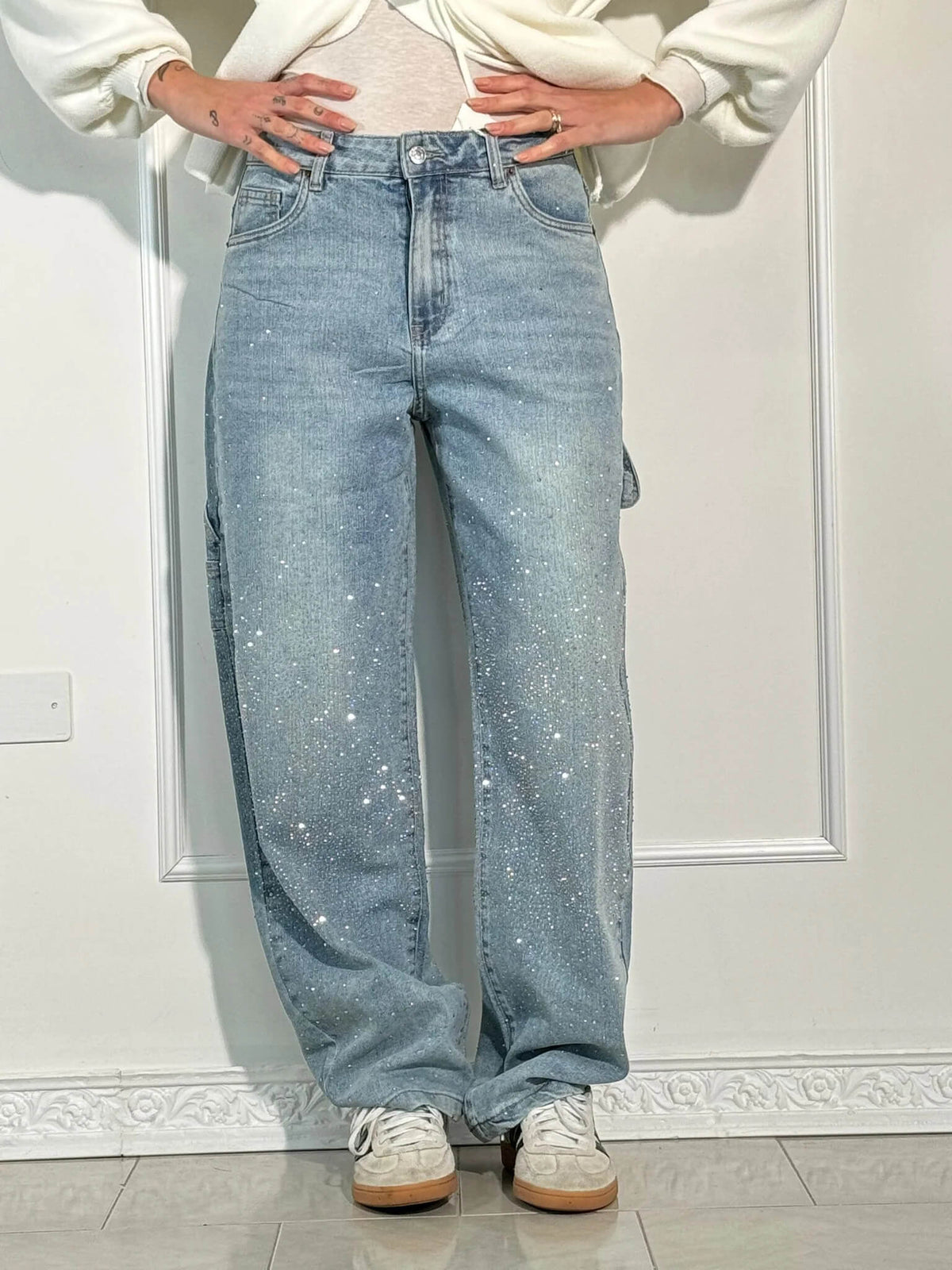 High Waist Rhinestone Embellished Wide Leg Jeans