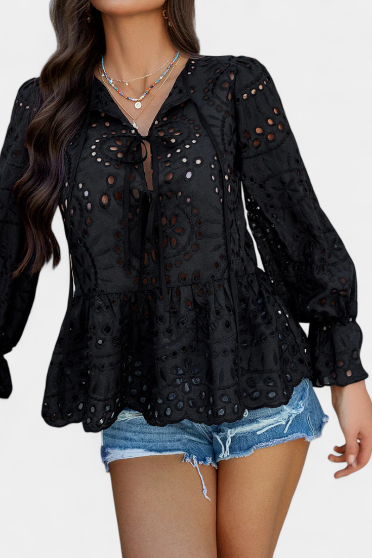 Eyelet Lace Tie Neck Long Sleeve Peplum Blouse