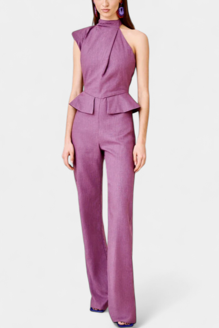 One Shoulder Peplum Waist Straight Leg Jumpsuit