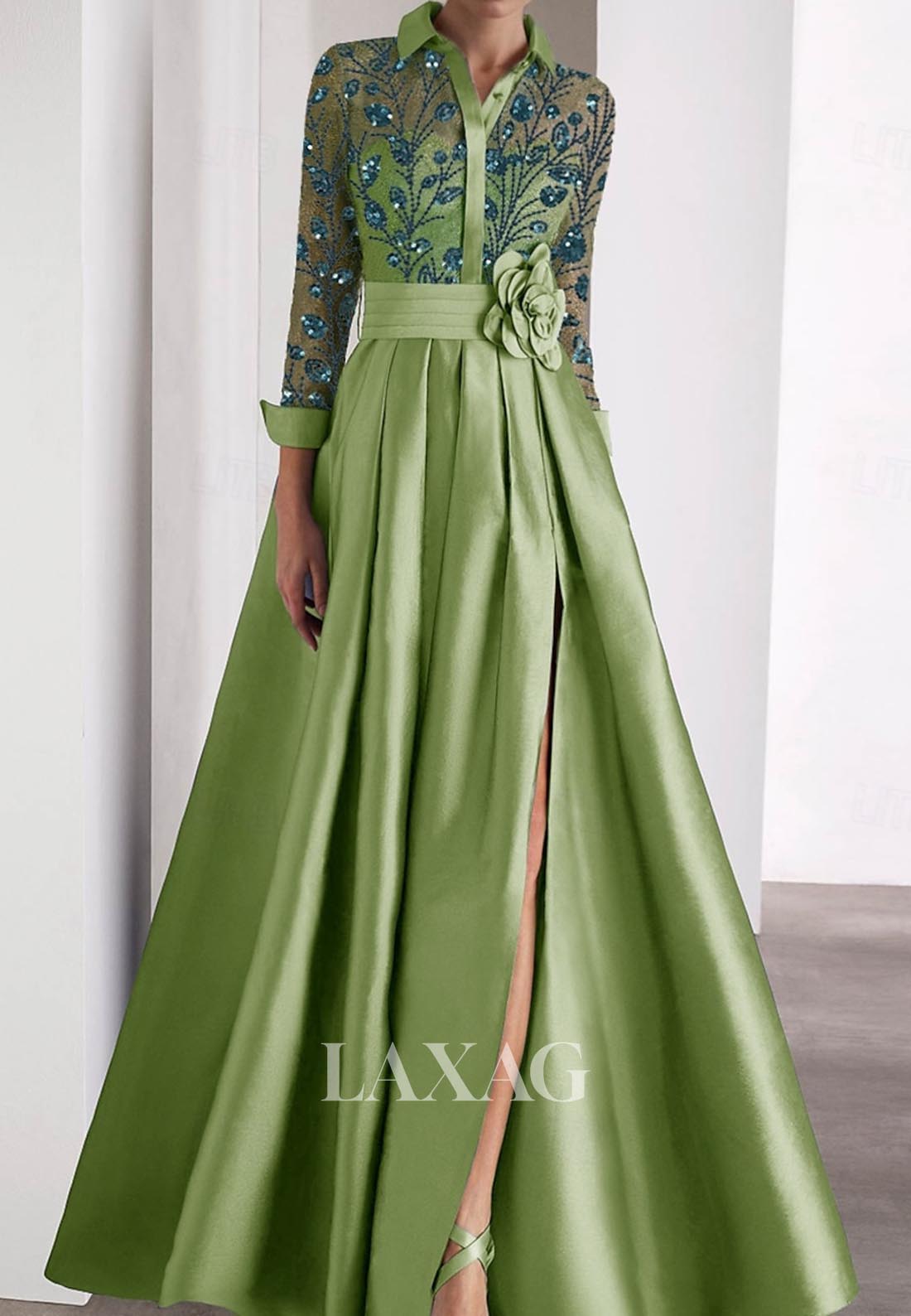 A-Line Embroidered Sequined Evening Dress Long-Sleeves Floor-Length Pleated Satin Formal Gowns