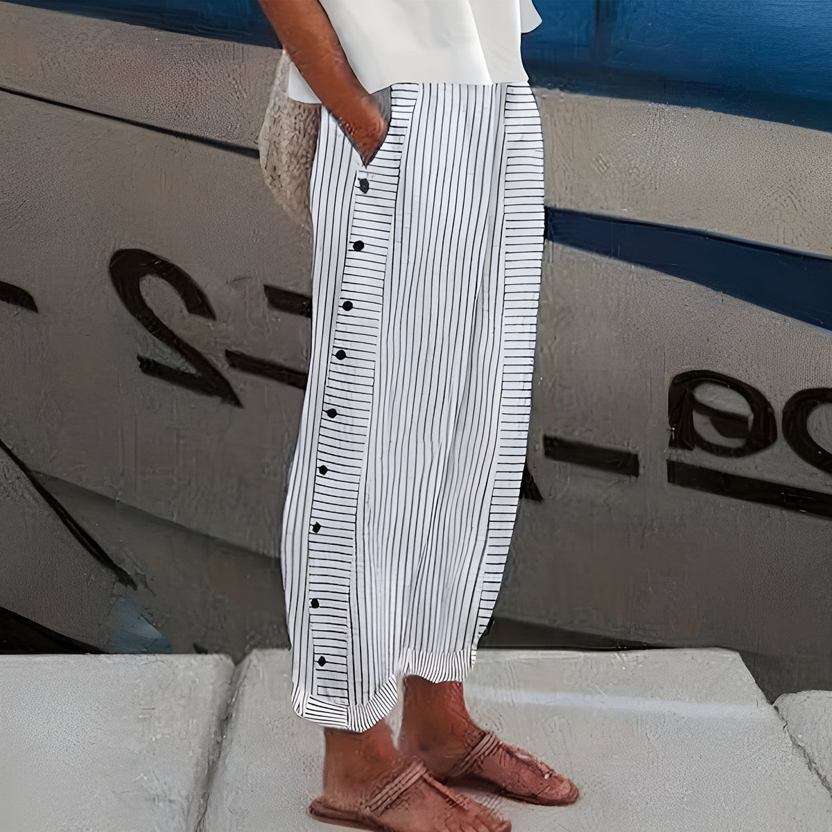 Striped Side Button Cropped Wide Leg Pants