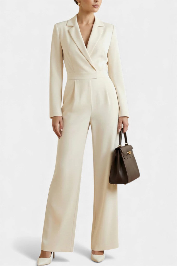 Notch Lapel Wrap Long Sleeve Wide Leg Jumpsuit