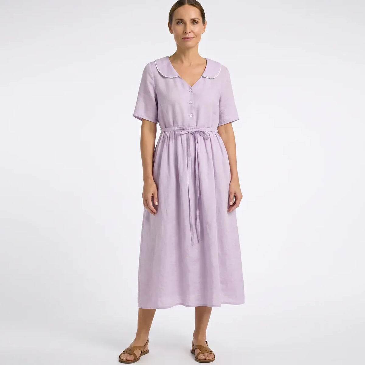 Oversized Collar Button Front Waist Tie Short Sleeve Midi Dress