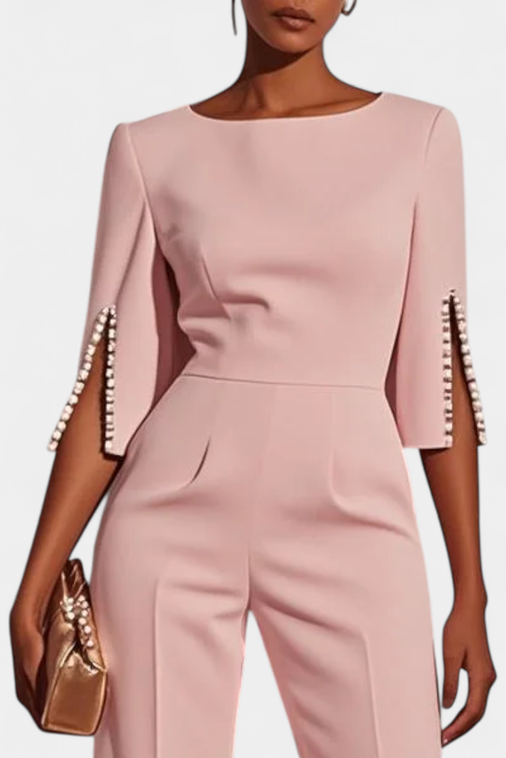 Boat Neck Pearl Trim Split Sleeve Wide Leg Jumpsuit