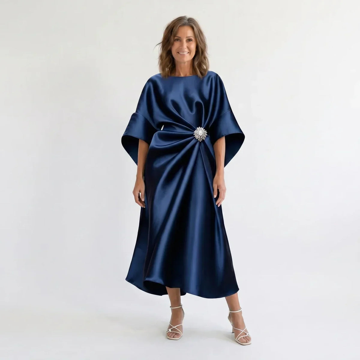 Satin Boat Neck Batwing Sleeve Brooch Midi Dress