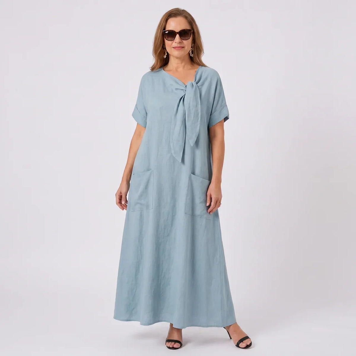 Tie Neck Short Sleeve Pocket A-Line Maxi Dress