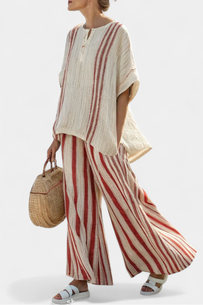Striped Short Sleeve Top and Wide Leg Pants Two Piece Set