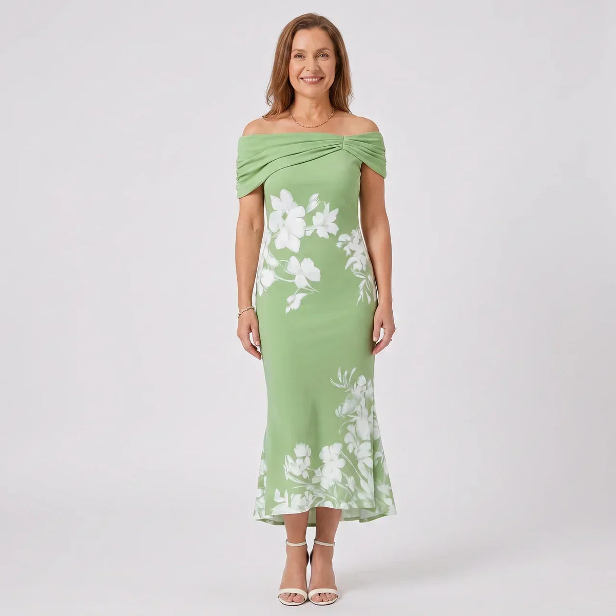 Floral Off Shoulder Twist Front Fit and Flare Midi Dress