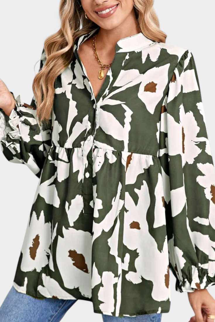Abstract Floral Notch Neck Puff Sleeve Peplum Blouse
