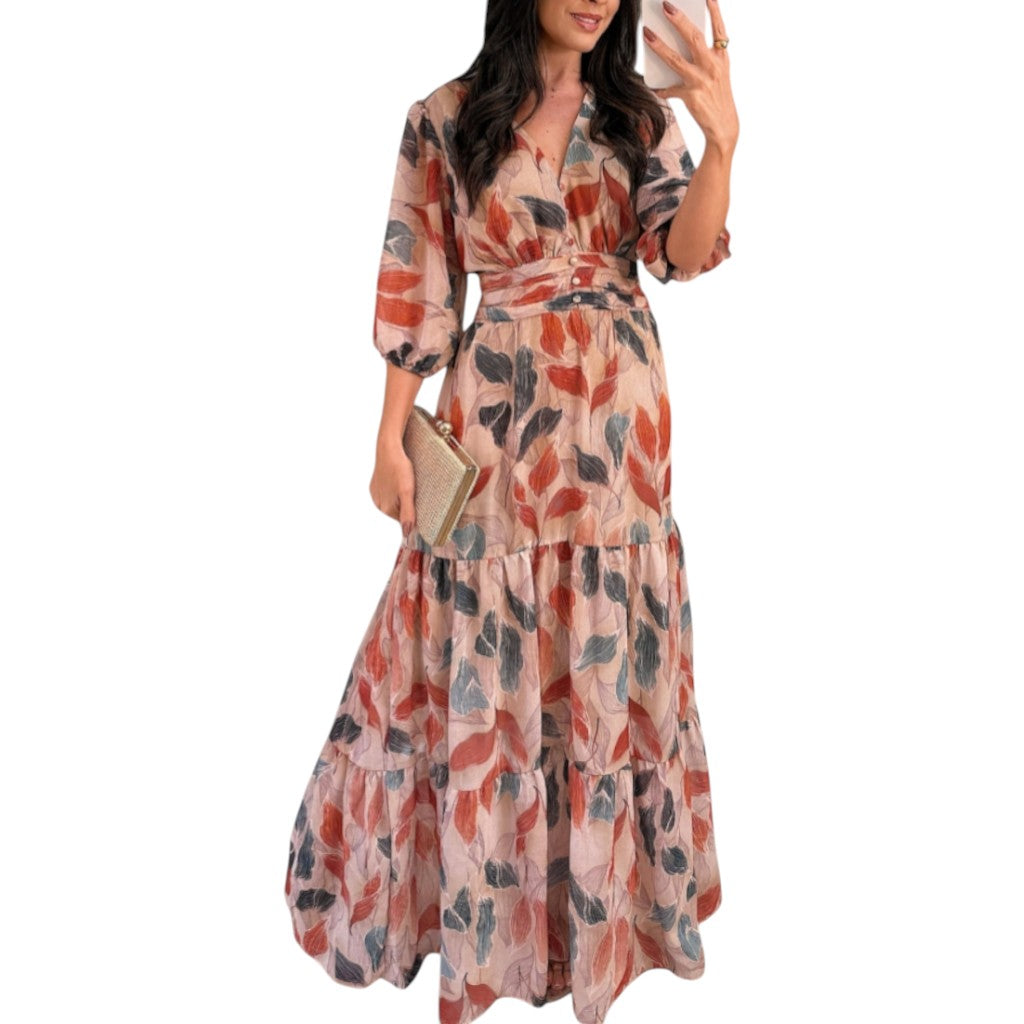 Aísha Long Floral Dress with Flowing Cut and Leaf Motif Nude