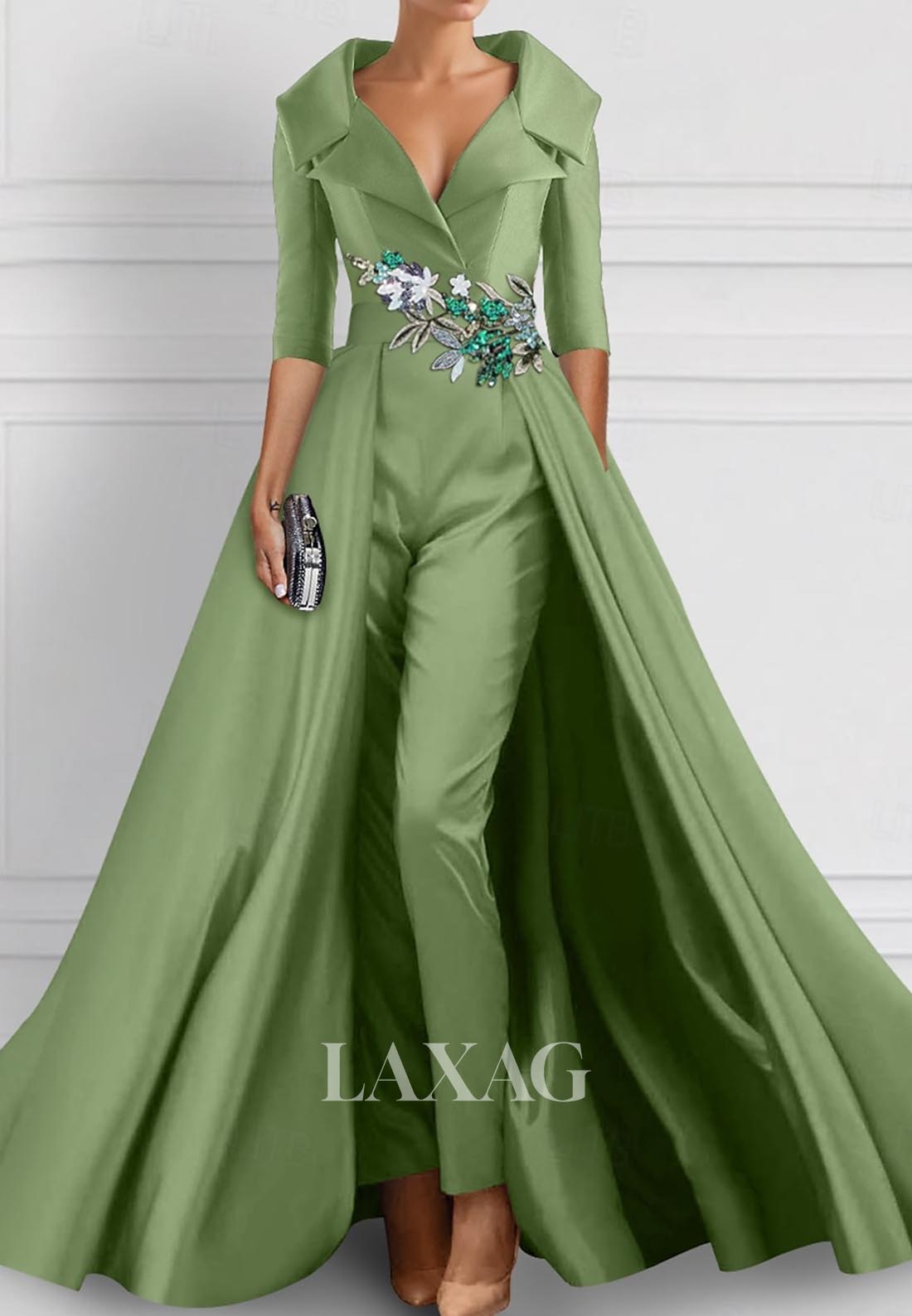 V-Neck Half-Sleeves Pleated Formal Gowns Sequined Embroidered Mermaid Wedding Guest Dress