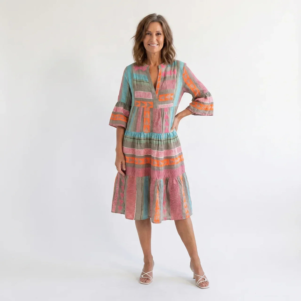 Geometric Print Notch Neck Flutter Sleeve Tiered Midi Dress