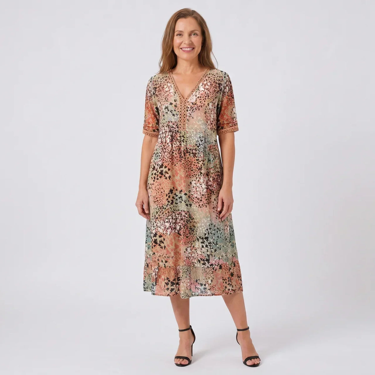 Abstract Print V-Neck Short Sleeve Midi Dress