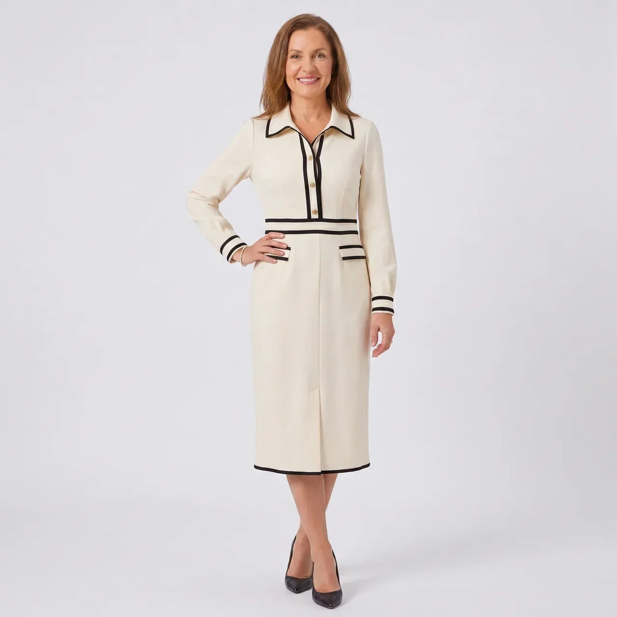 Contrast Trim Collared Long Sleeve Midi Dress