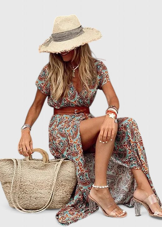 Floral V-Neck Short Sleeve Belted Maxi Dress