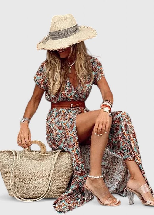 Paisley Print V-Neck Short Sleeve Belted Split Maxi Dress