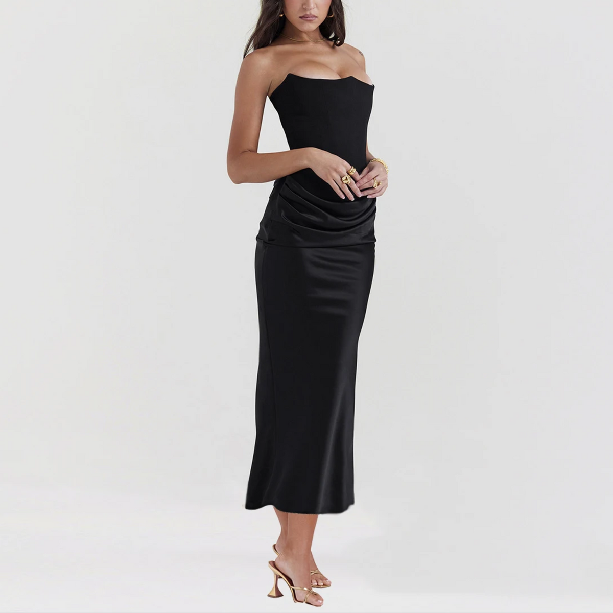 Strapless Corset Bodice Draped Satin Skirt Midi Dress 2