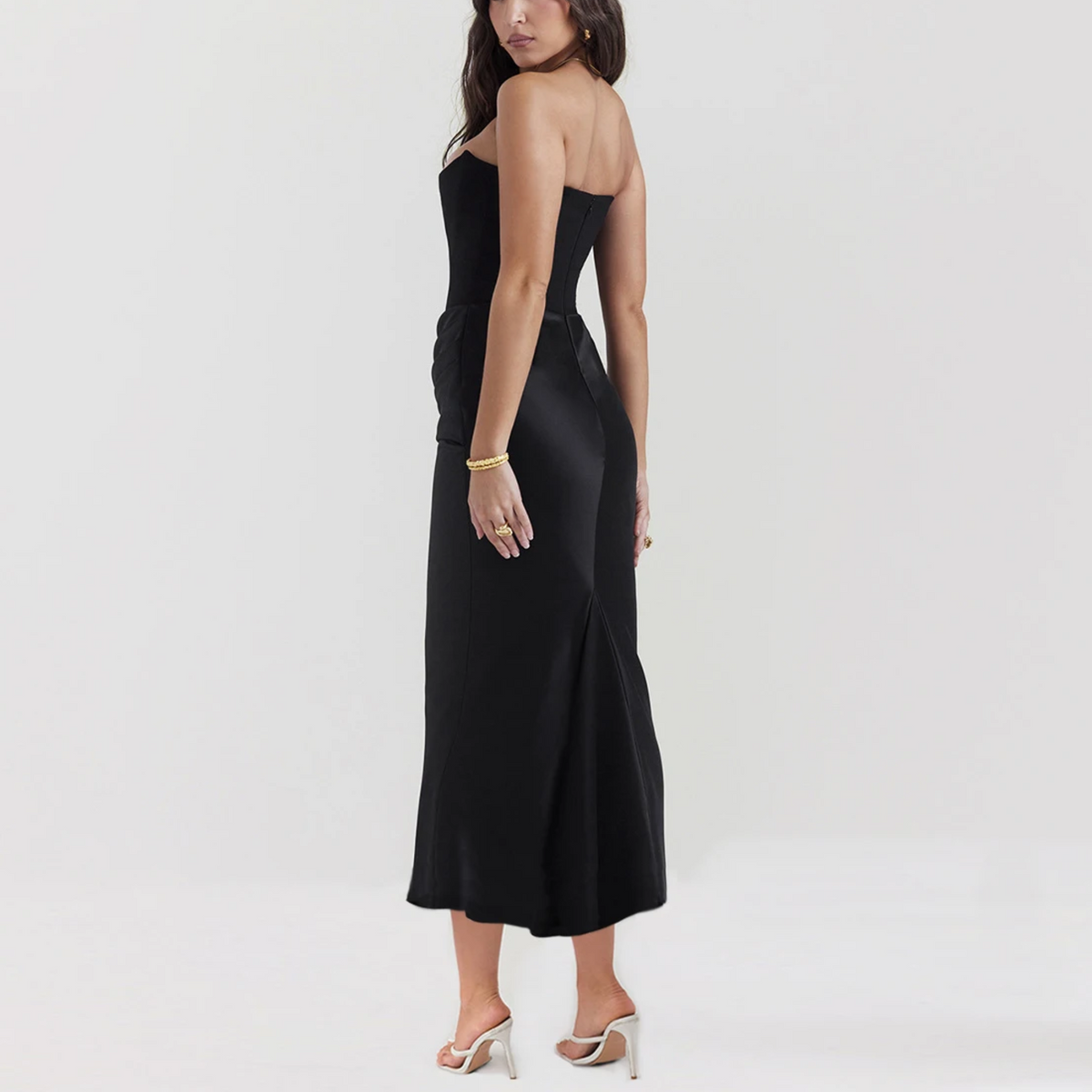Strapless Corset Bodice Draped Satin Skirt Midi Dress 3