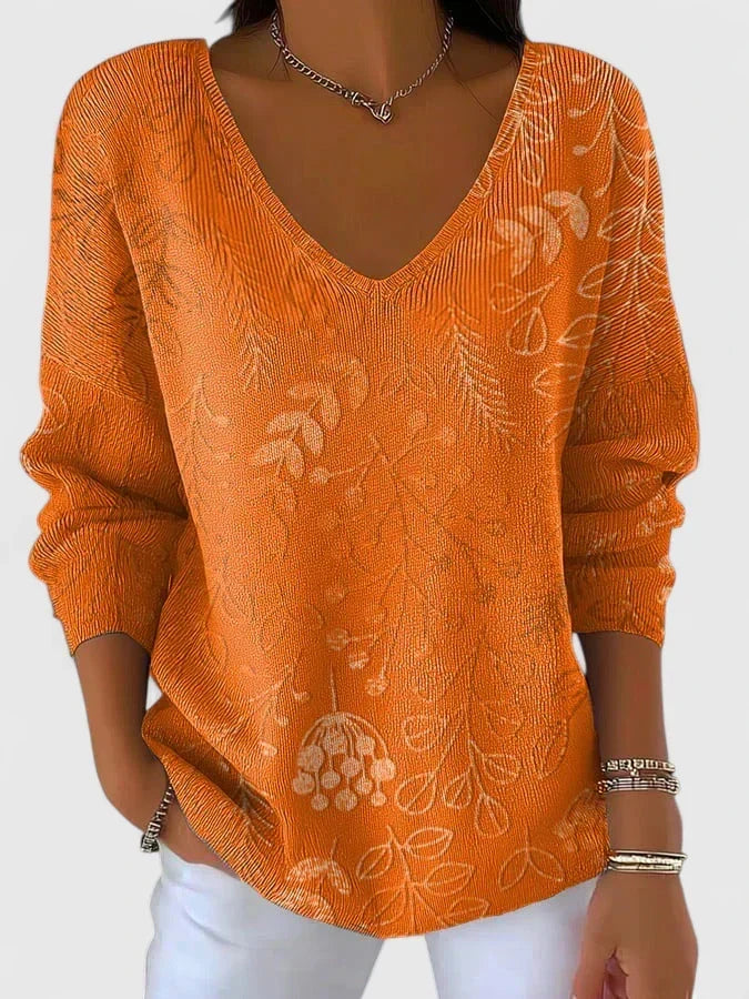 Botanical Print V-Neck Long Sleeve Knit Top