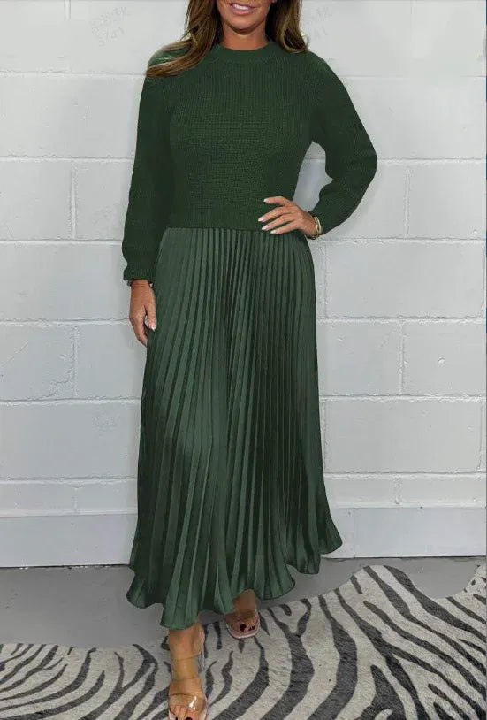 Crew Neck Long Sleeve Ribbed Knit Top Pleated Maxi Dress