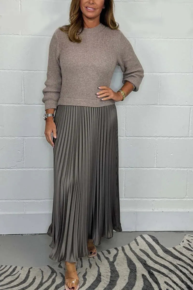 Crew Neck Long Sleeve Ribbed Knit Top Pleated Maxi Dress