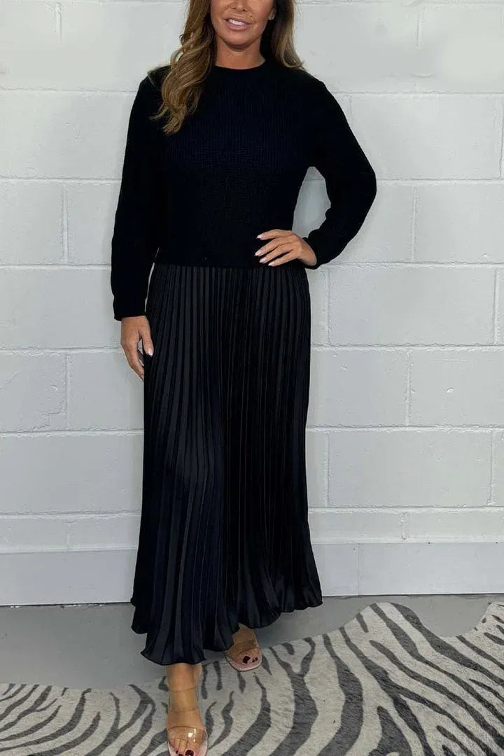 Crew Neck Long Sleeve Ribbed Knit Top Pleated Maxi Dress