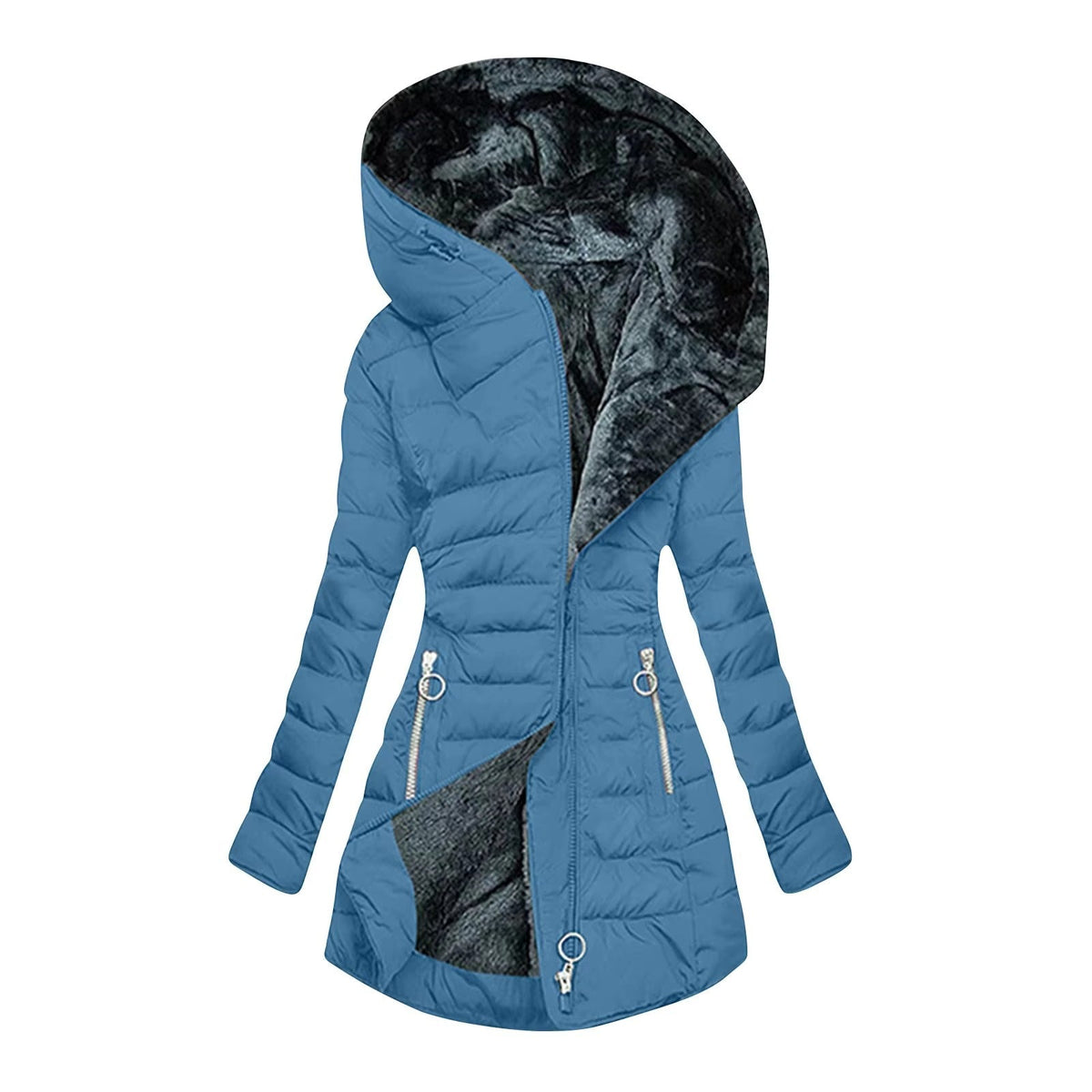 Hooded Fleece Lined Zip Front Longline Puffer Jacket