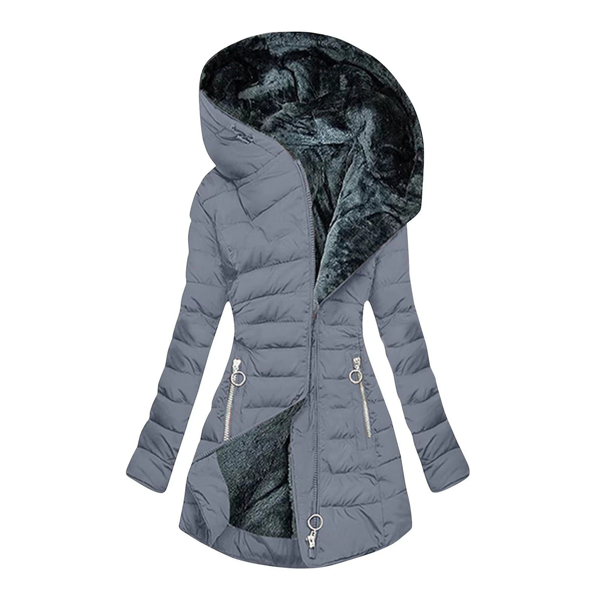Hooded Fleece Lined Zip Front Longline Puffer Jacket