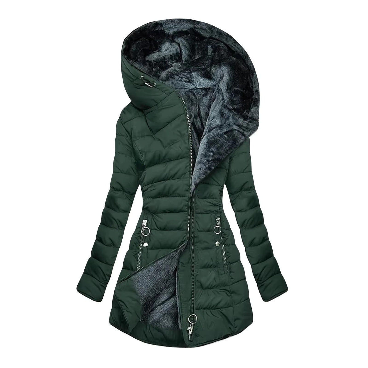Hooded Fleece Lined Zip Front Longline Puffer Jacket