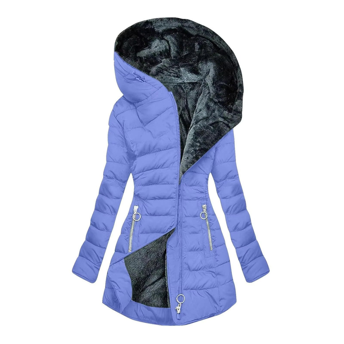 Hooded Fleece Lined Zip Front Longline Puffer Jacket