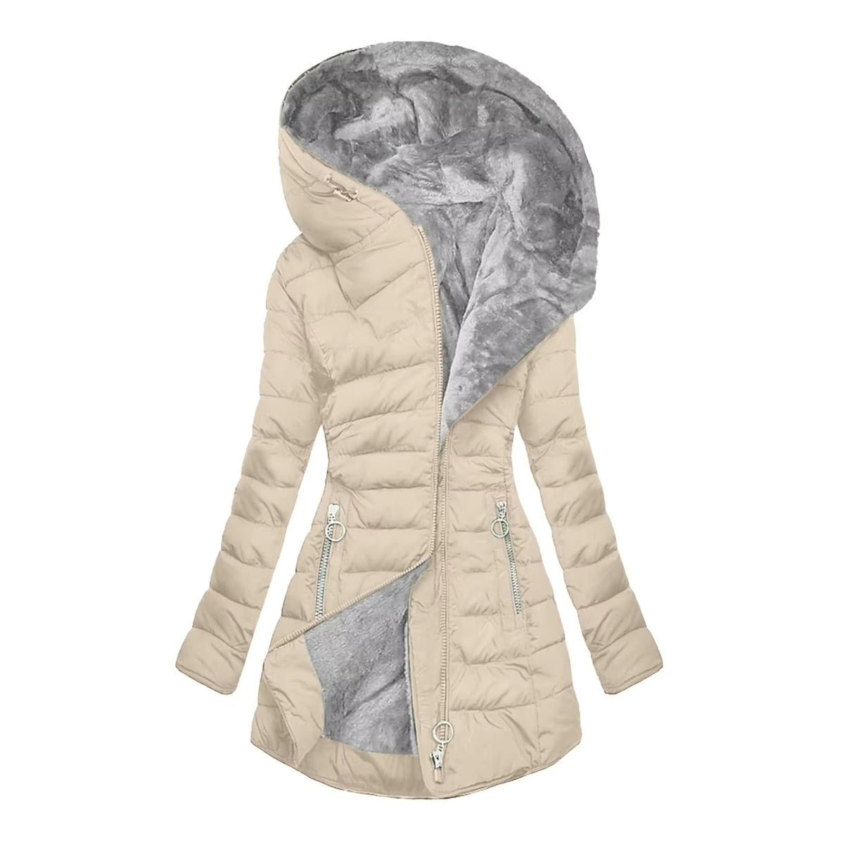Hooded Fleece Lined Zip Front Longline Puffer Jacket