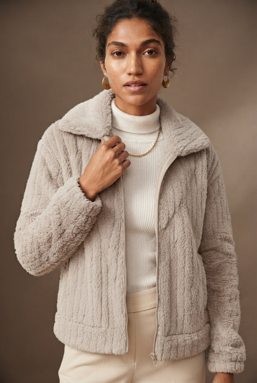 Zip Front Collared Sherpa Fleece Jacket