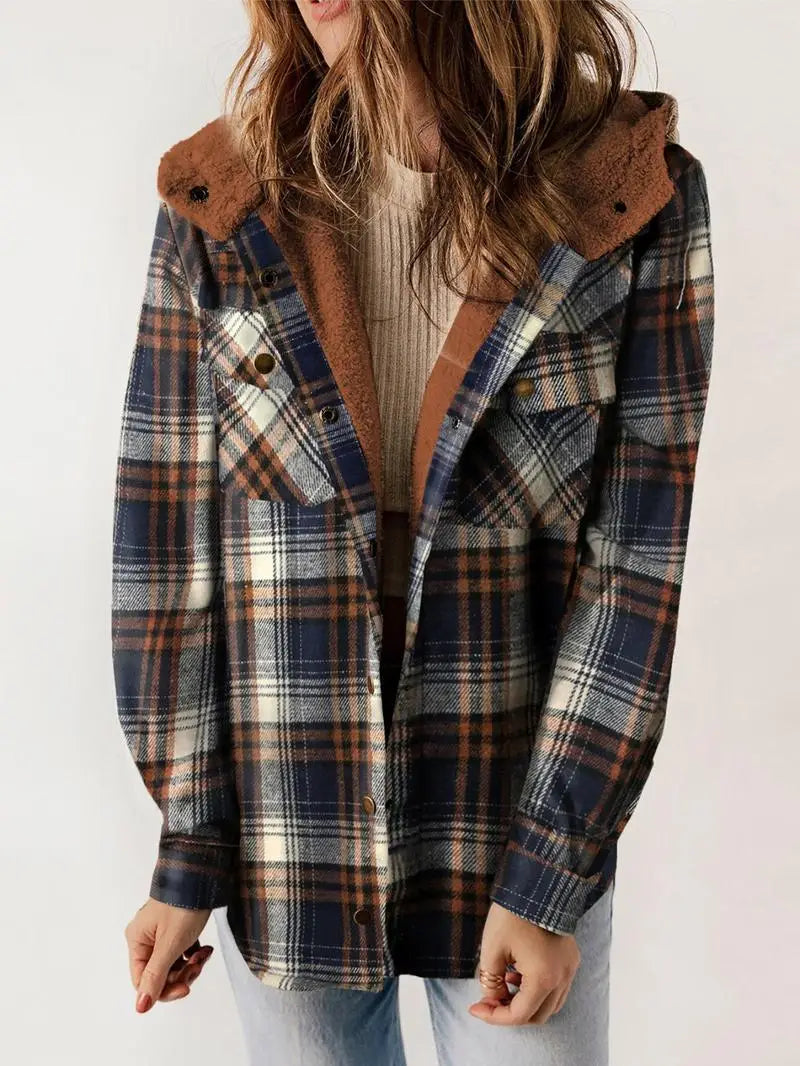 Plaid Hooded Sherpa Lined Button Front Shacket