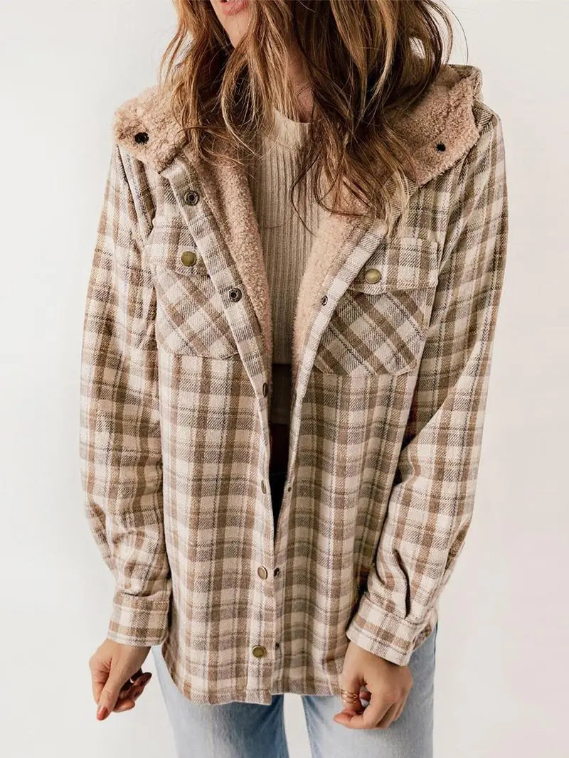 Plaid Hooded Sherpa Lined Button Front Shacket
