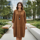 Knit Long Sleeve Pocket Shift Midi Dress