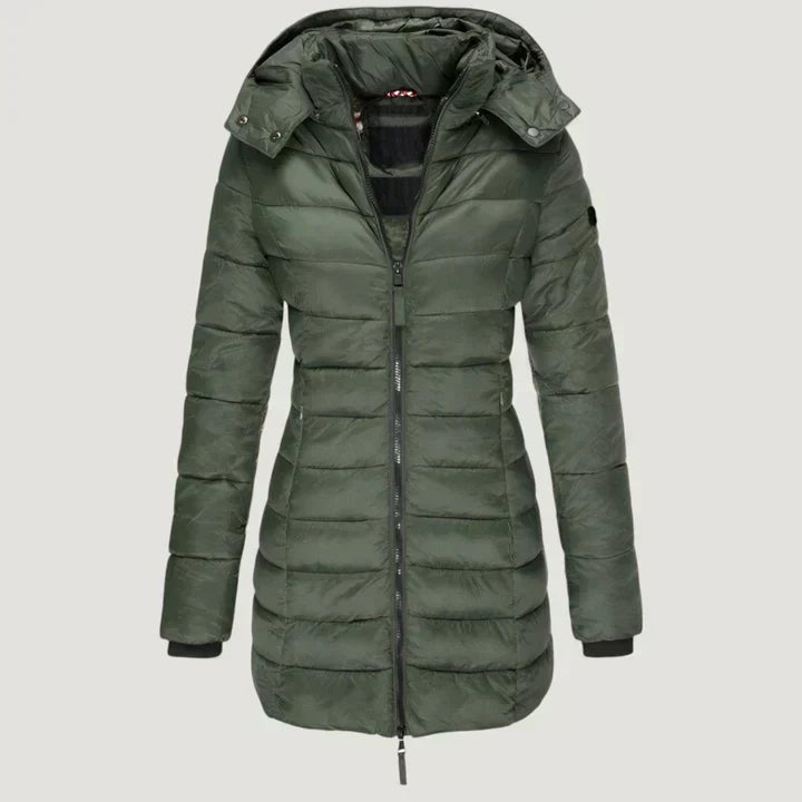 Hooded Zip Front Quilted Longline Puffer Coat