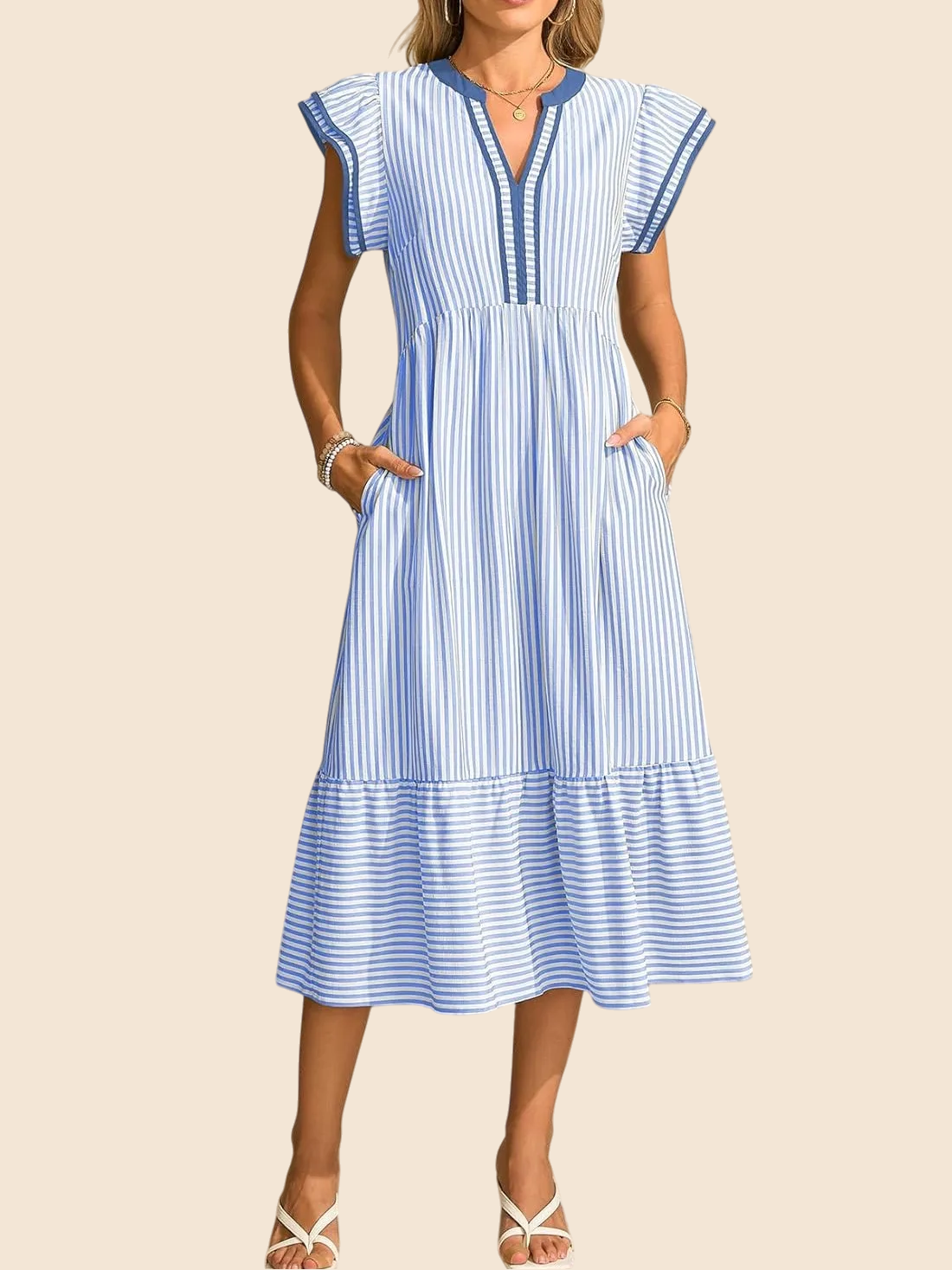 Striped V-Neck Flutter Sleeve Tiered Midi Dress 3
