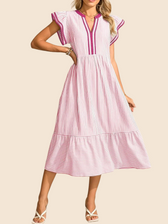 Striped V-Neck Flutter Sleeve Tiered Midi Dress 4