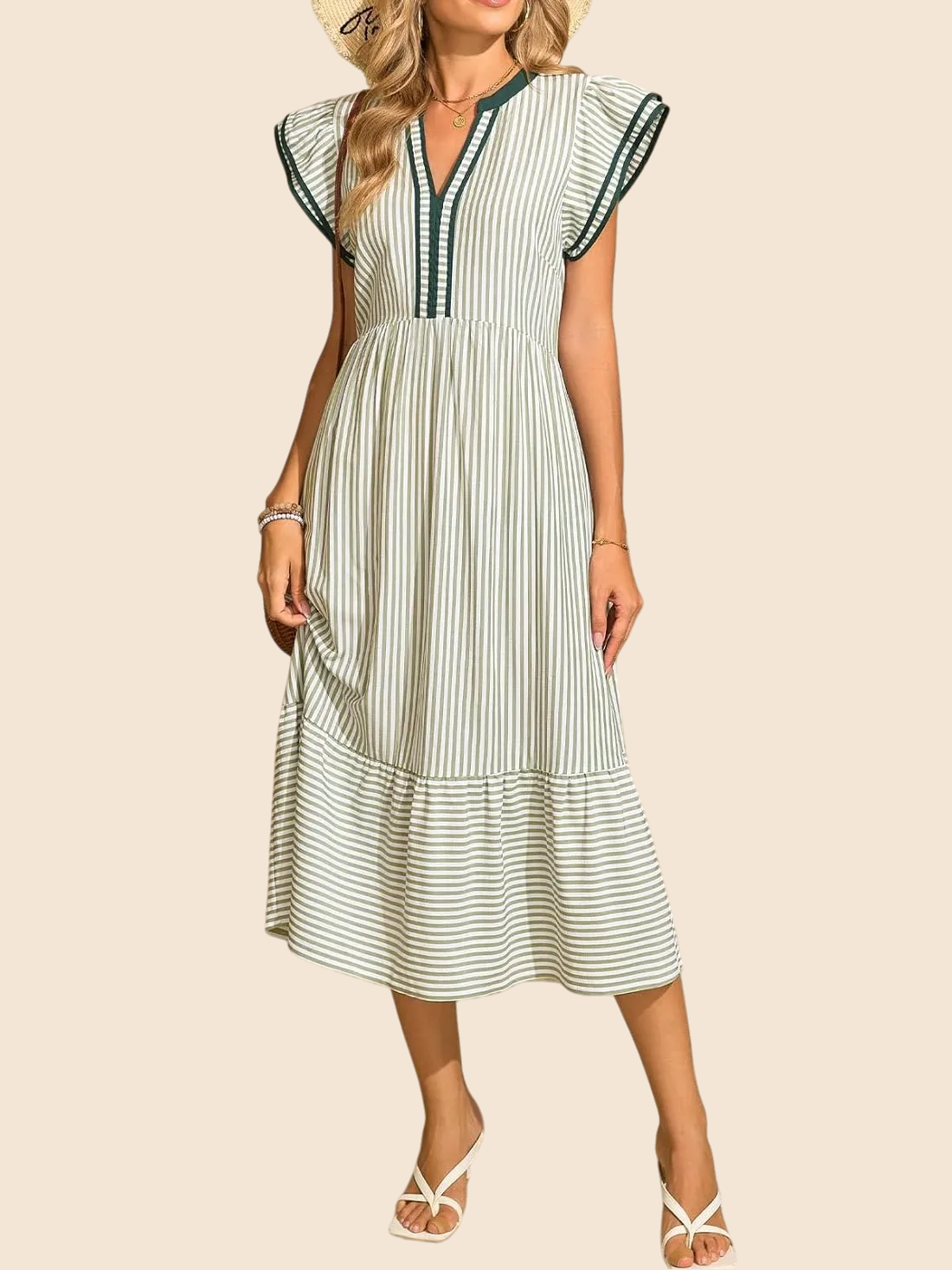 Striped V-Neck Flutter Sleeve Tiered Midi Dress 5