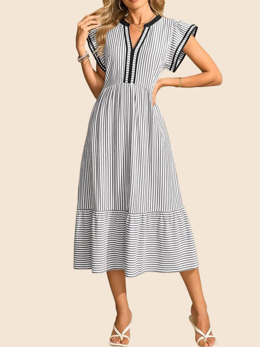 Striped V-Neck Flutter Sleeve Tiered Midi Dress 2