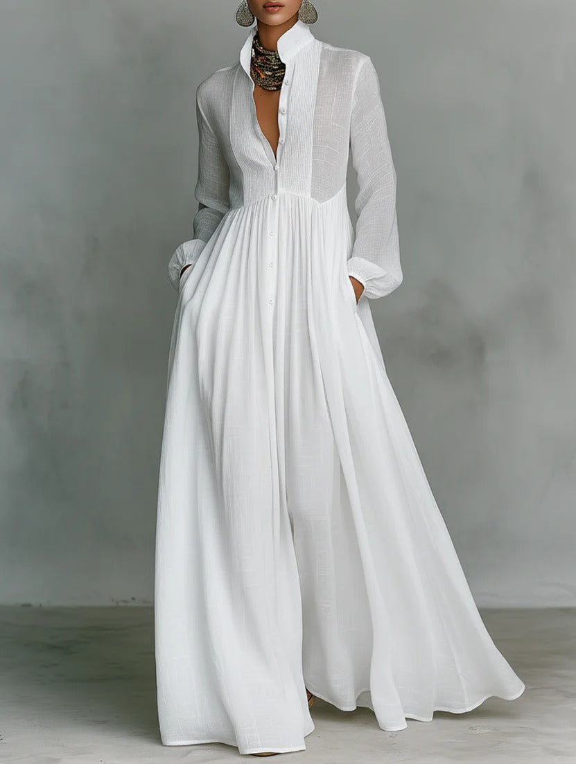 Stand Collar Long Sleeve Button Front Flowy Maxi Shirt Dress
