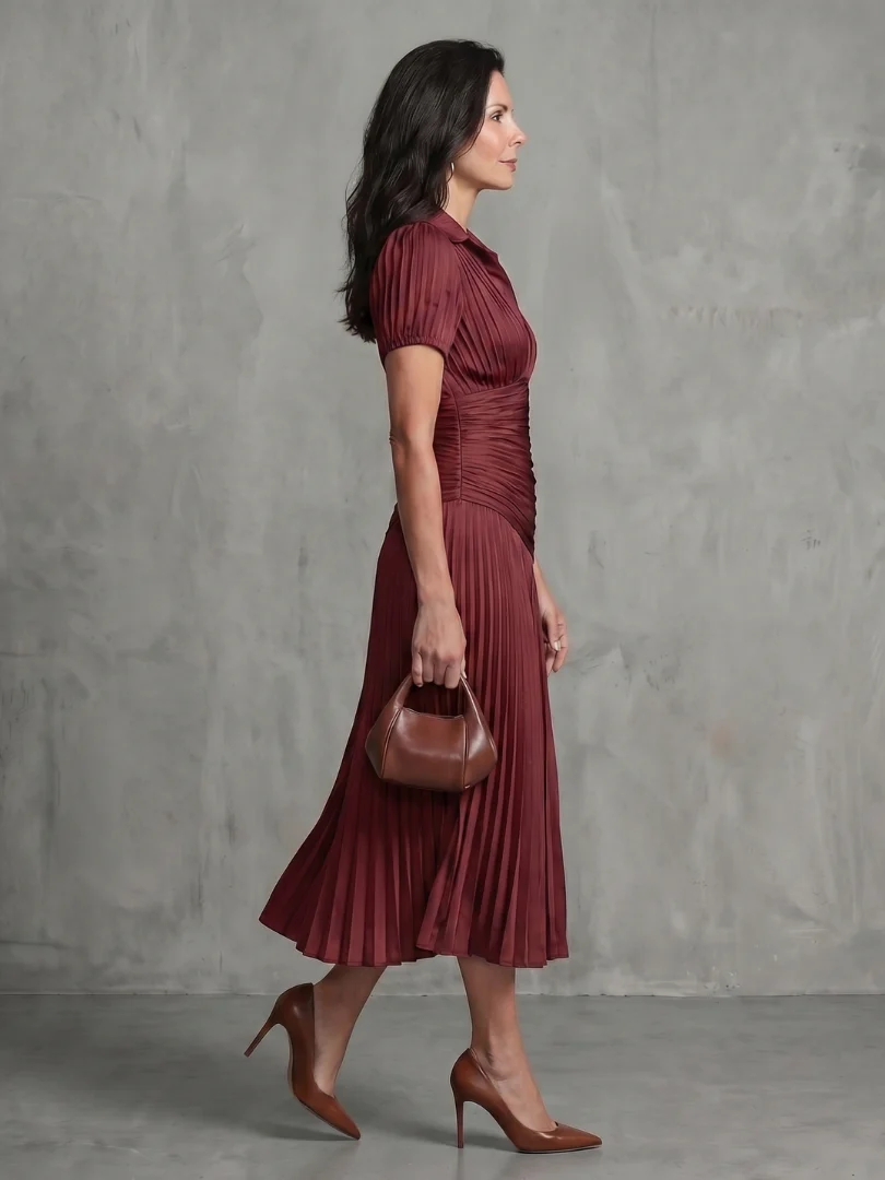 Collared Short Sleeve Pleated Ruched Midi Dress