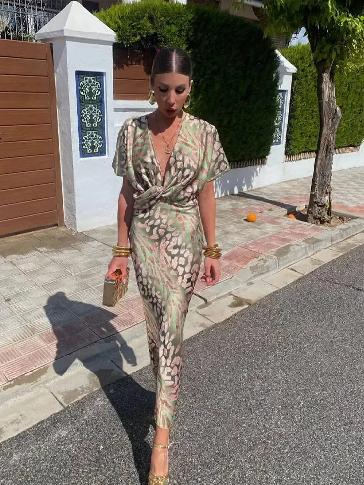 Animal Print Deep V-Neck Twist Front Maxi Dress