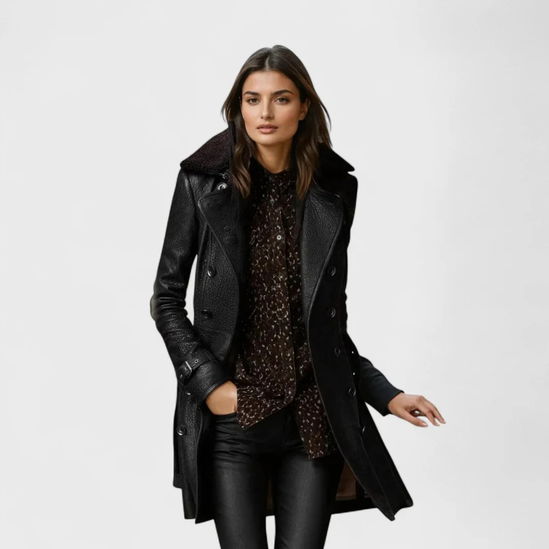 Faux Leather Faux Fur Collar Double Breasted Longline Coat