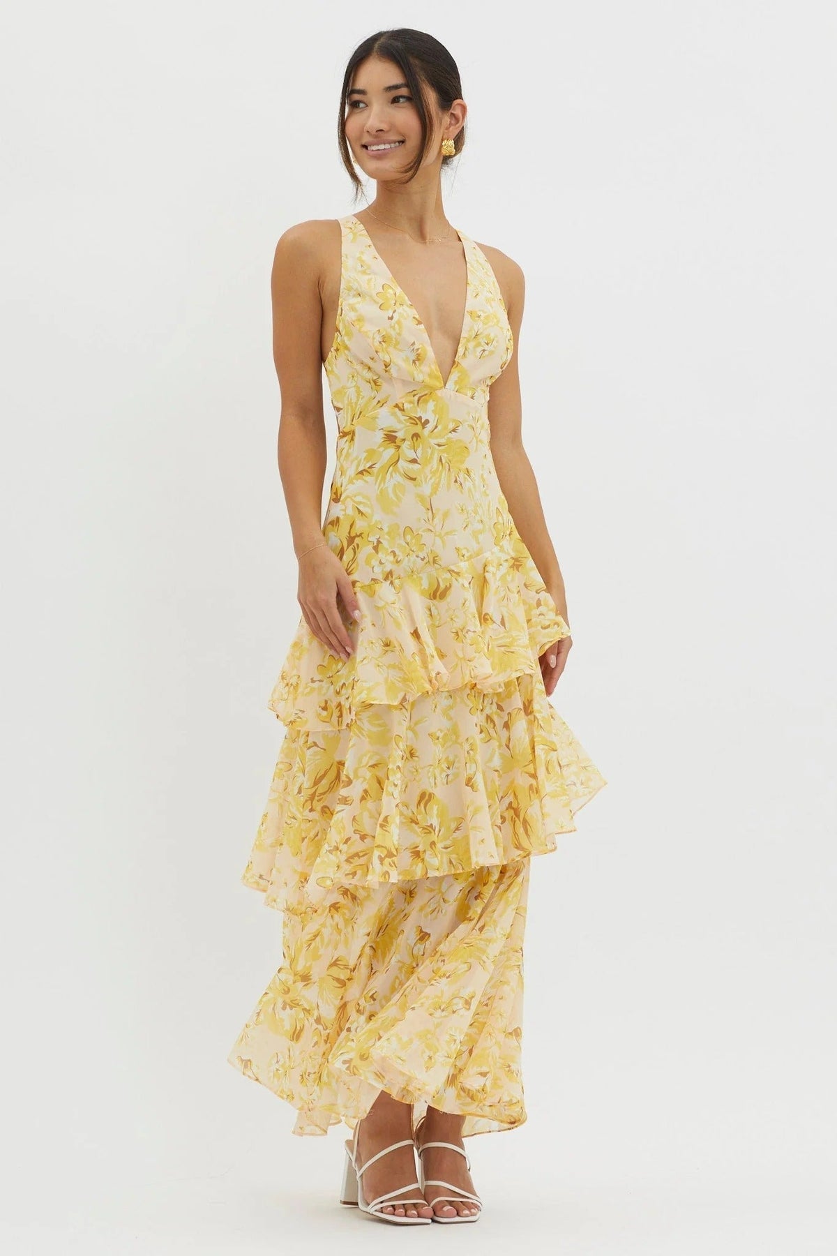 Floral Print Plunge V-Neck Sleeveless Tiered Ruffle Maxi Dress 5