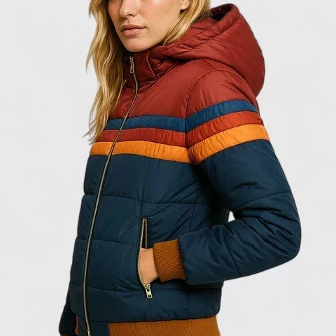 Retro Stripe Zip Front Stand Collar Puffer Jacket