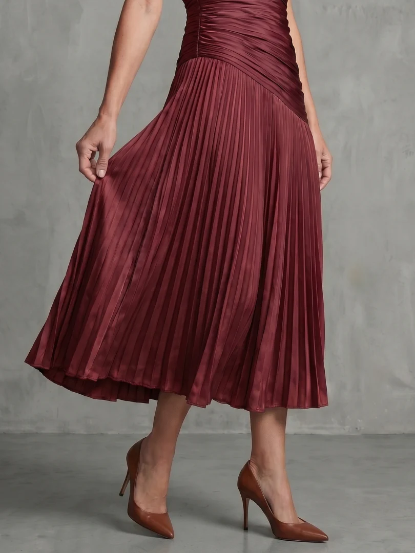 Collared Short Sleeve Pleated Ruched Midi Dress